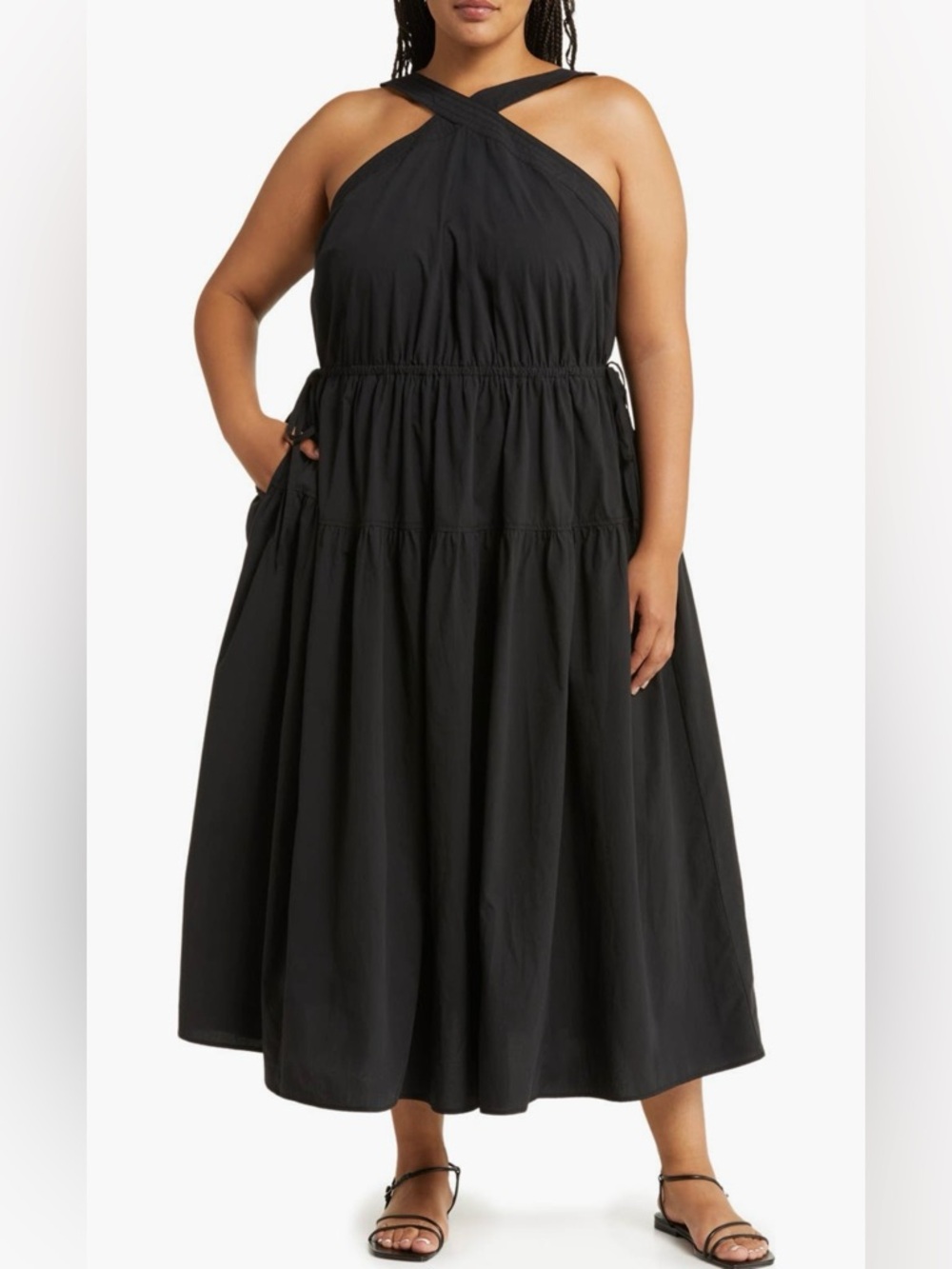 Madewell Halter Tiered Cotton Poplin Midi Dress in True Black | 16W | NWT